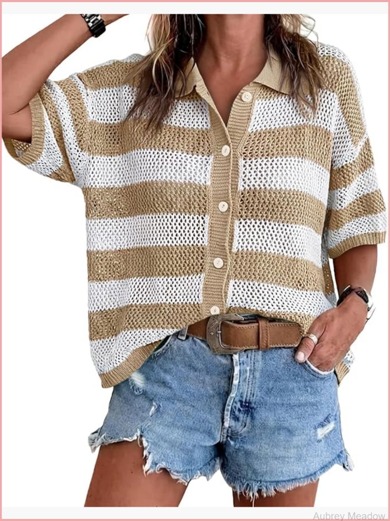 Women's Striped Crochet Cardigan Half Sleeve Button Up Loose Fit Cover Up